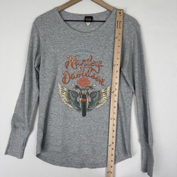 Harley Davidson Top Womens Medium Gray Waffle Knit Harley Graphic Spokane Biker - Picture 13 of 13